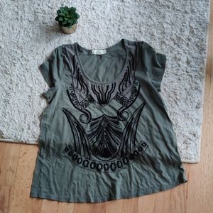 Embroidered Olive T Shirt Staring at Stars